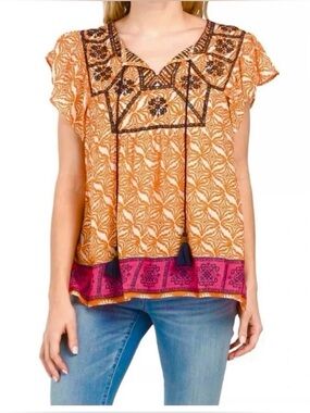 Rachel Zoe Boho Tassel Tie Orange Printed Peasant Embroidered Blouse